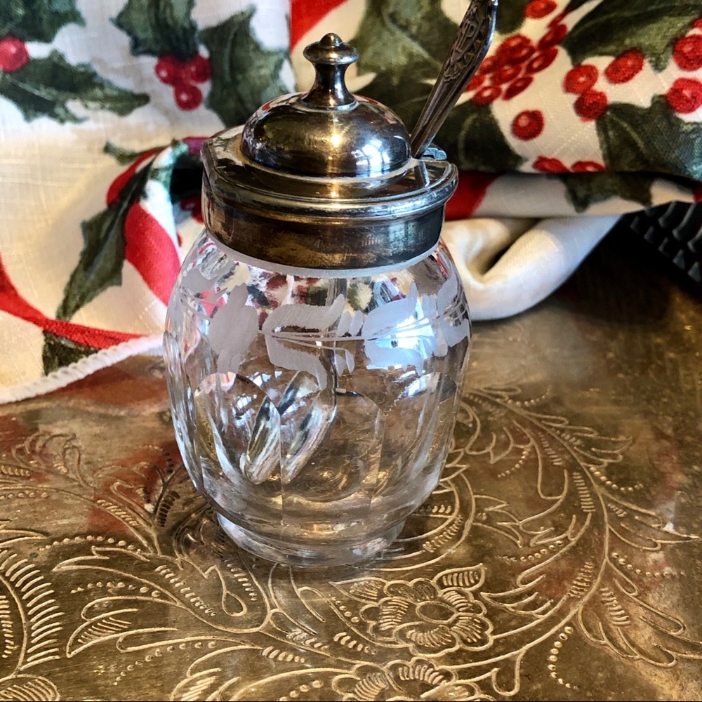 Vintage cut/frosted glass mustard jar, lid, spoon